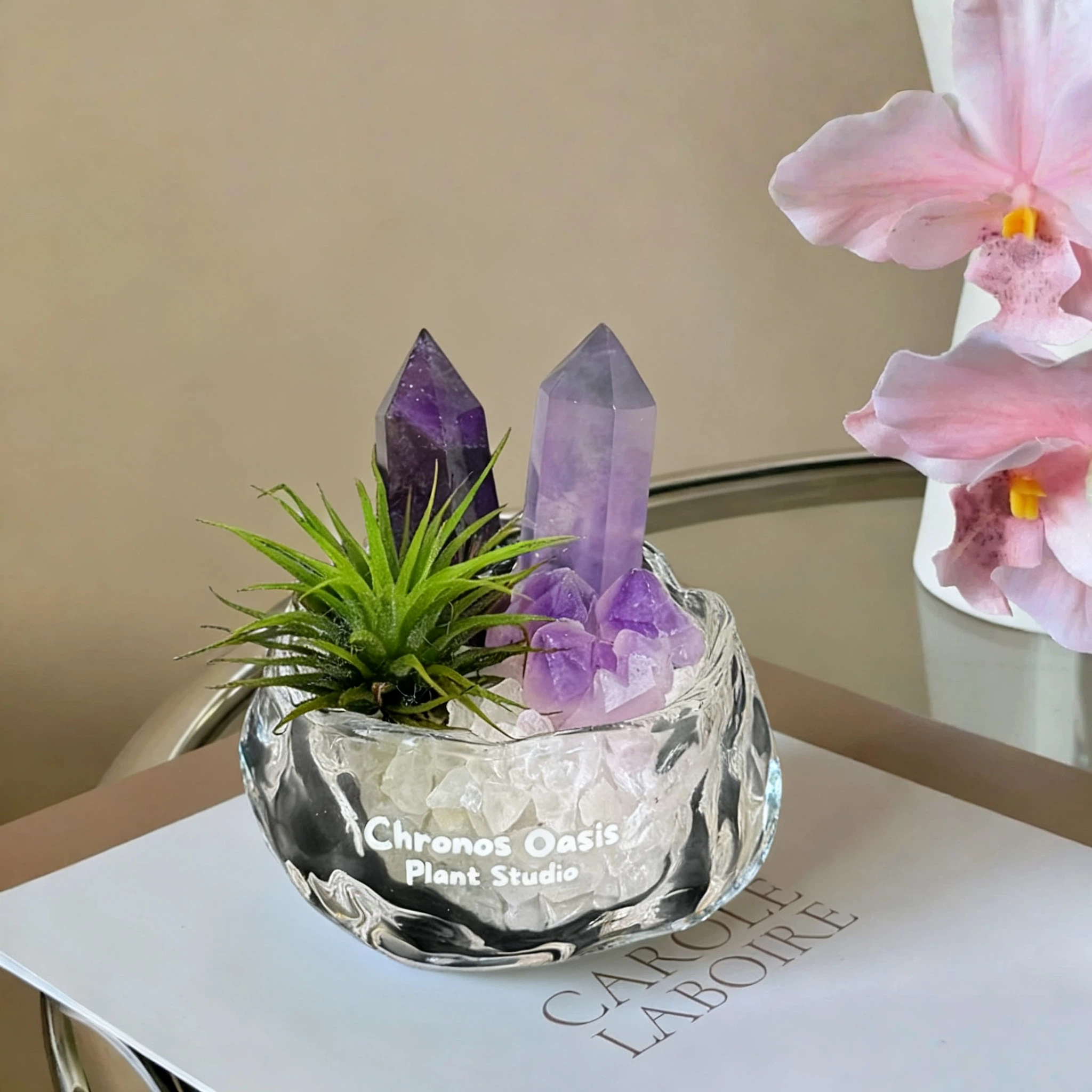 Crystal Point Desktop Decor Glass Planter with Amethyst Accent - Image 3
