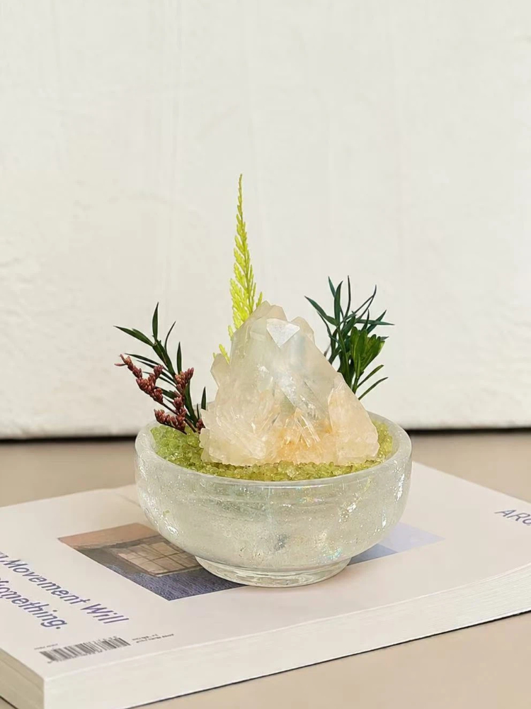 Quartz Cluster & Peridot Crystal Bowl